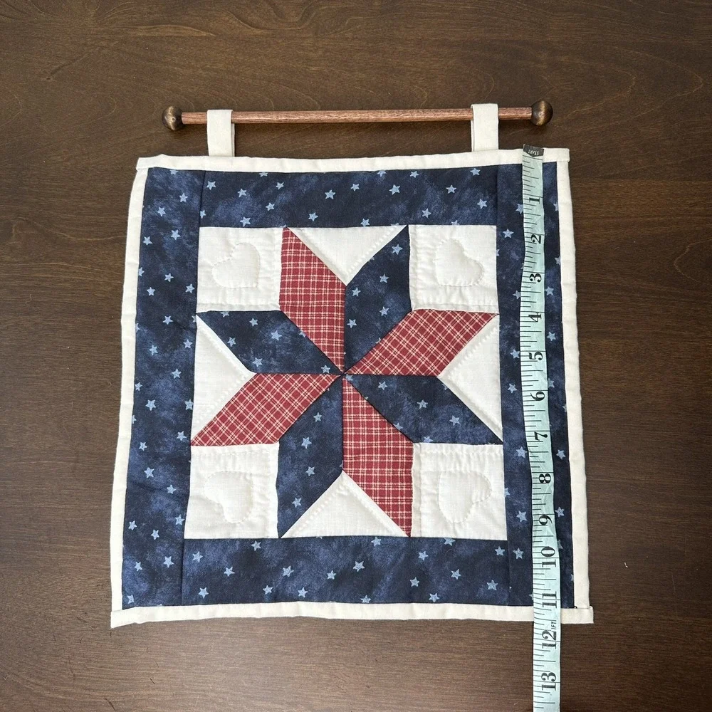 Handmade Quilt Wall Hanging Folk Americana Star Country Barn Red Blue Quilted